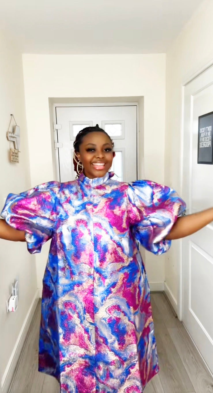 JOY PINK BLUE BROCADE STATEMENT DRESS