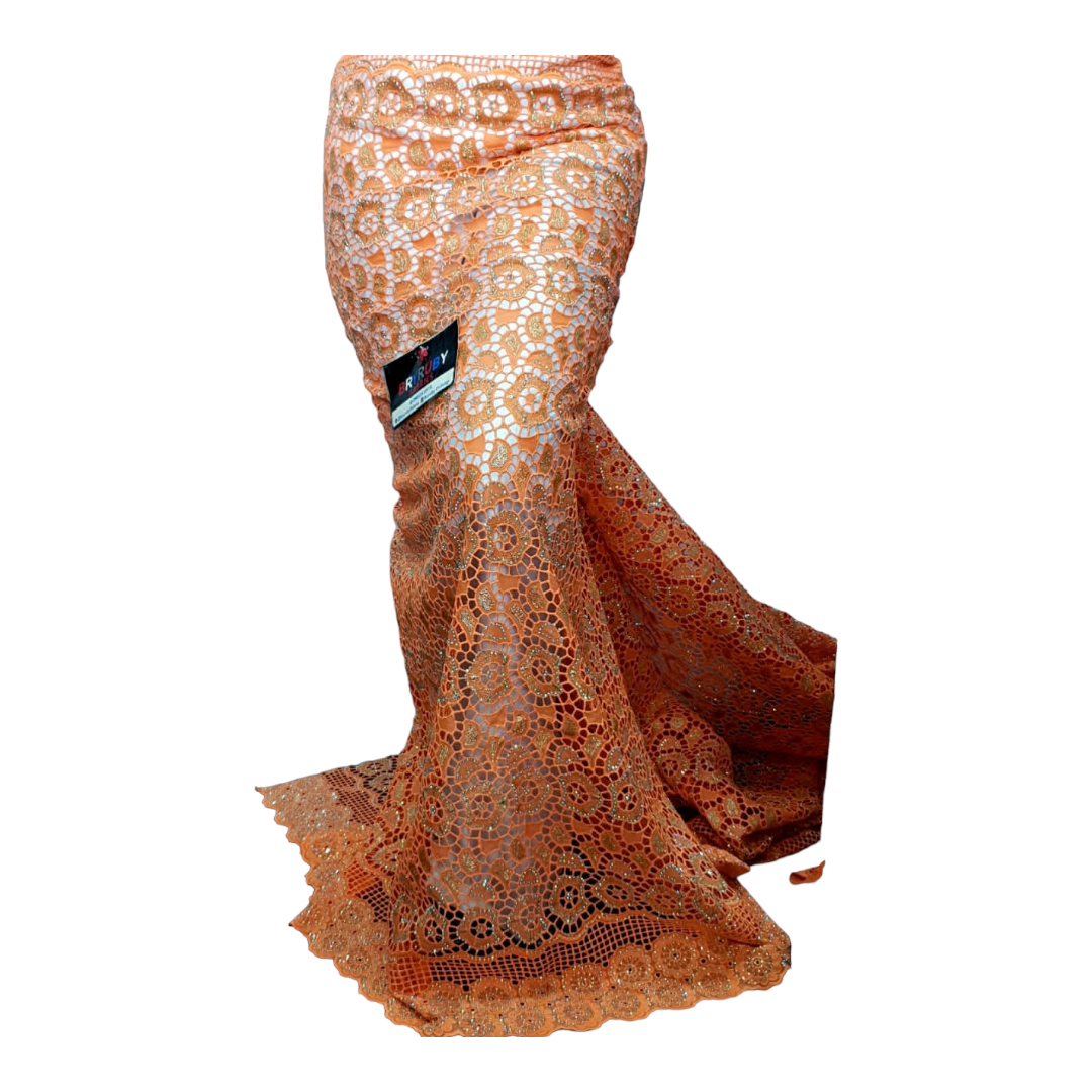 Andrea Swiss Cotton Lace - Peach & Gold - SCL02H