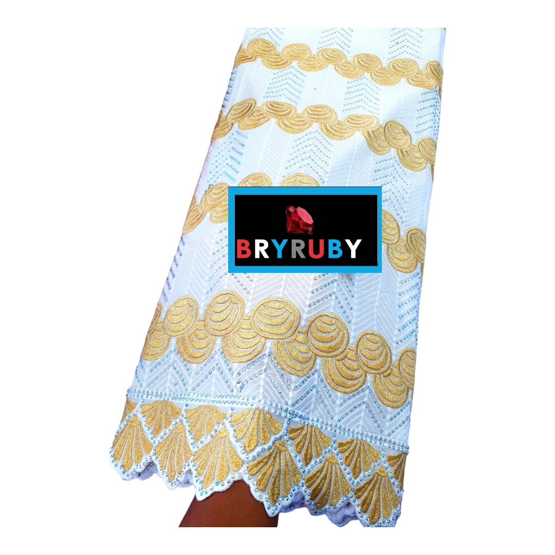 JASMINE SWISS COTTON LACE -STONED White & Gold - SCL04A