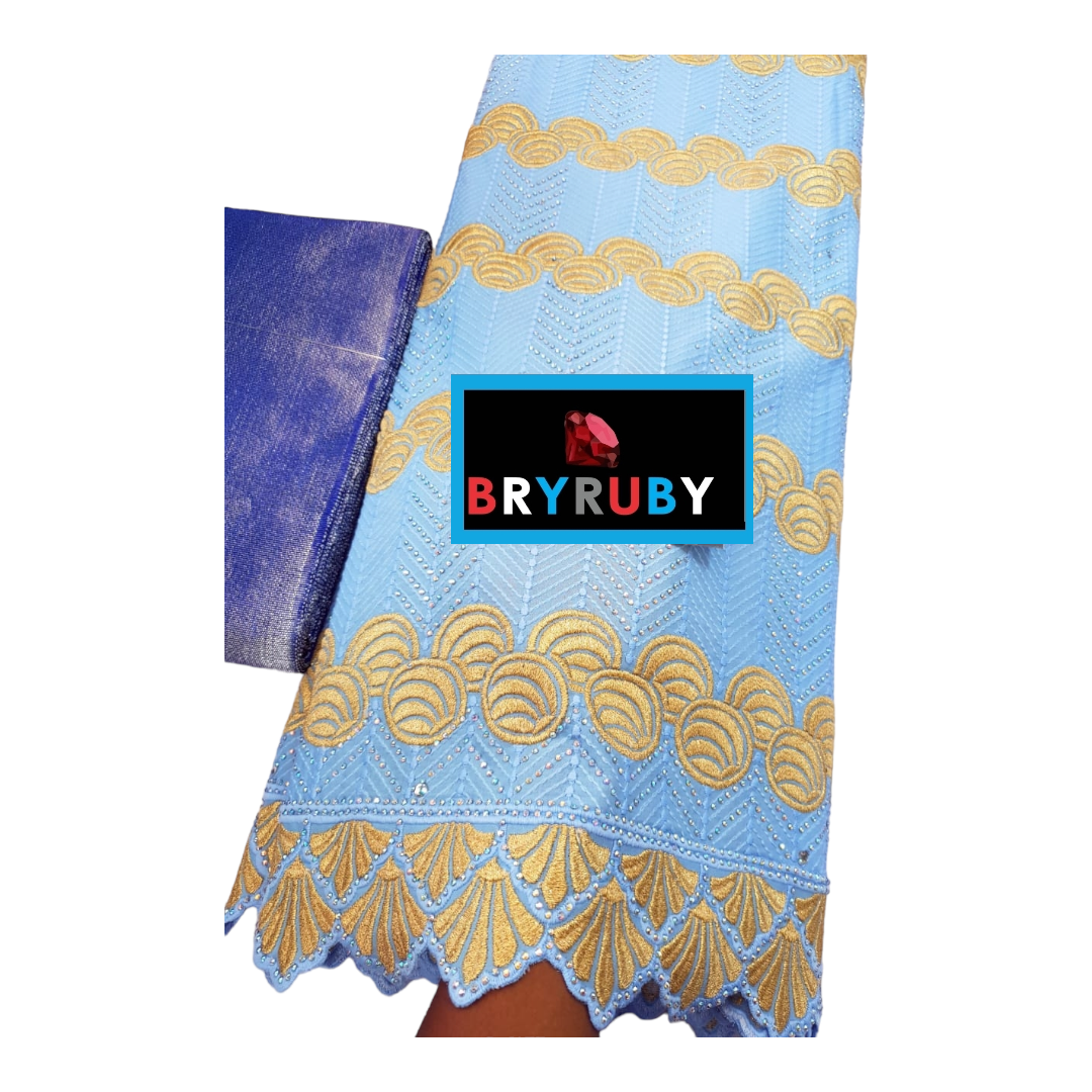 JASMINE SWISS COTTON LACE -STONED BLUE & GOLD - SCL04D