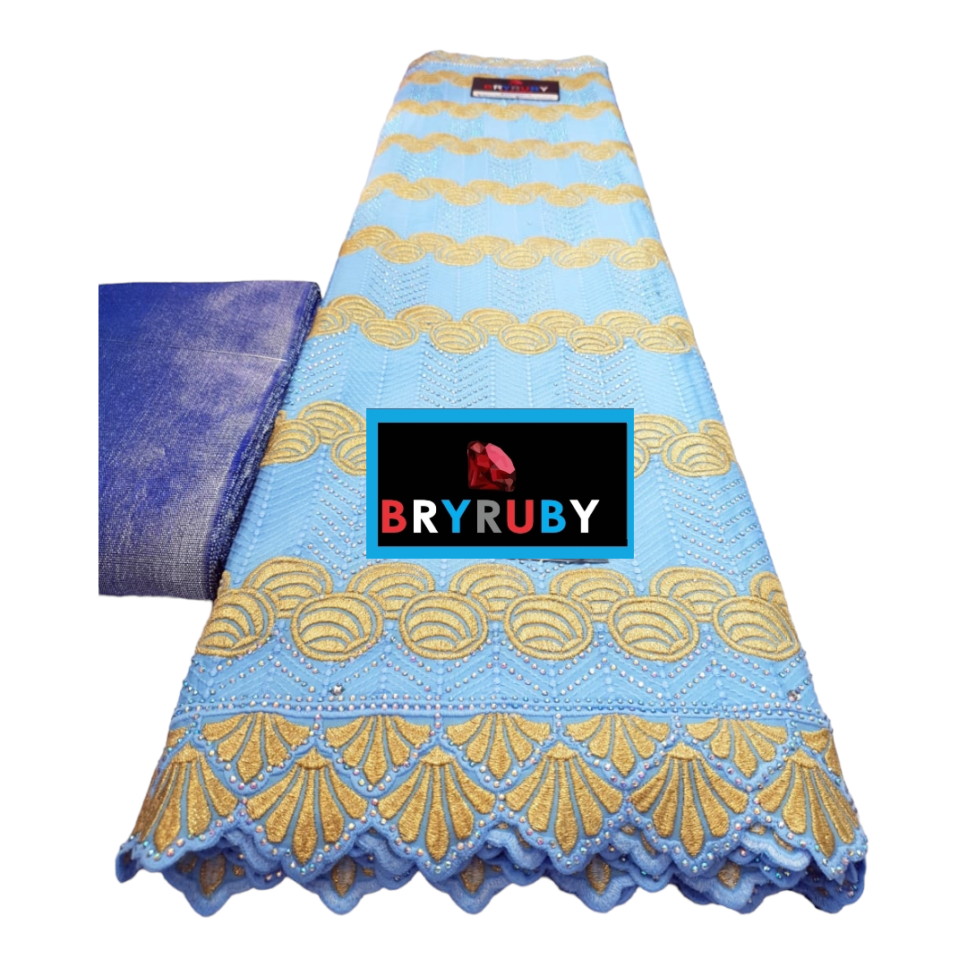 JASMINE SWISS COTTON LACE -STONED BLUE & GOLD - SCL04D
