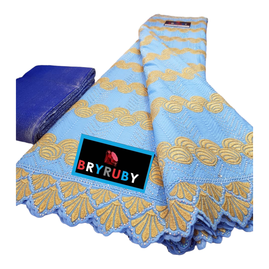 JASMINE SWISS COTTON LACE -STONED BLUE & GOLD - SCL04D