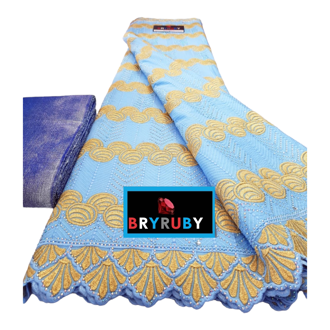 JASMINE SWISS COTTON LACE -STONED BLUE & GOLD - SCL04D