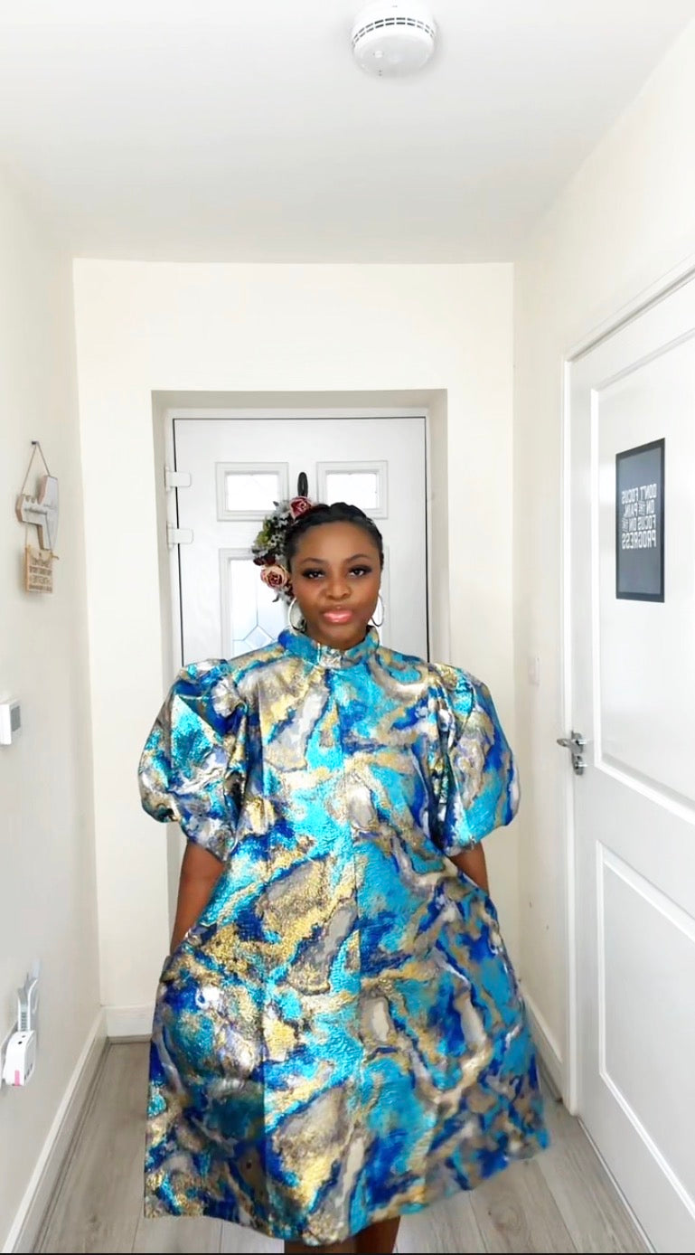 JOY BLUE GOLD BROCADE STATEMENT DRESS