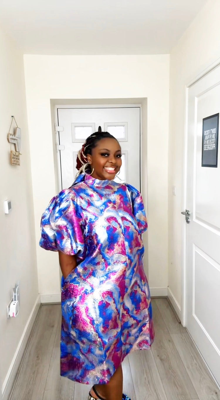 JOY PINK BLUE BROCADE STATEMENT DRESS