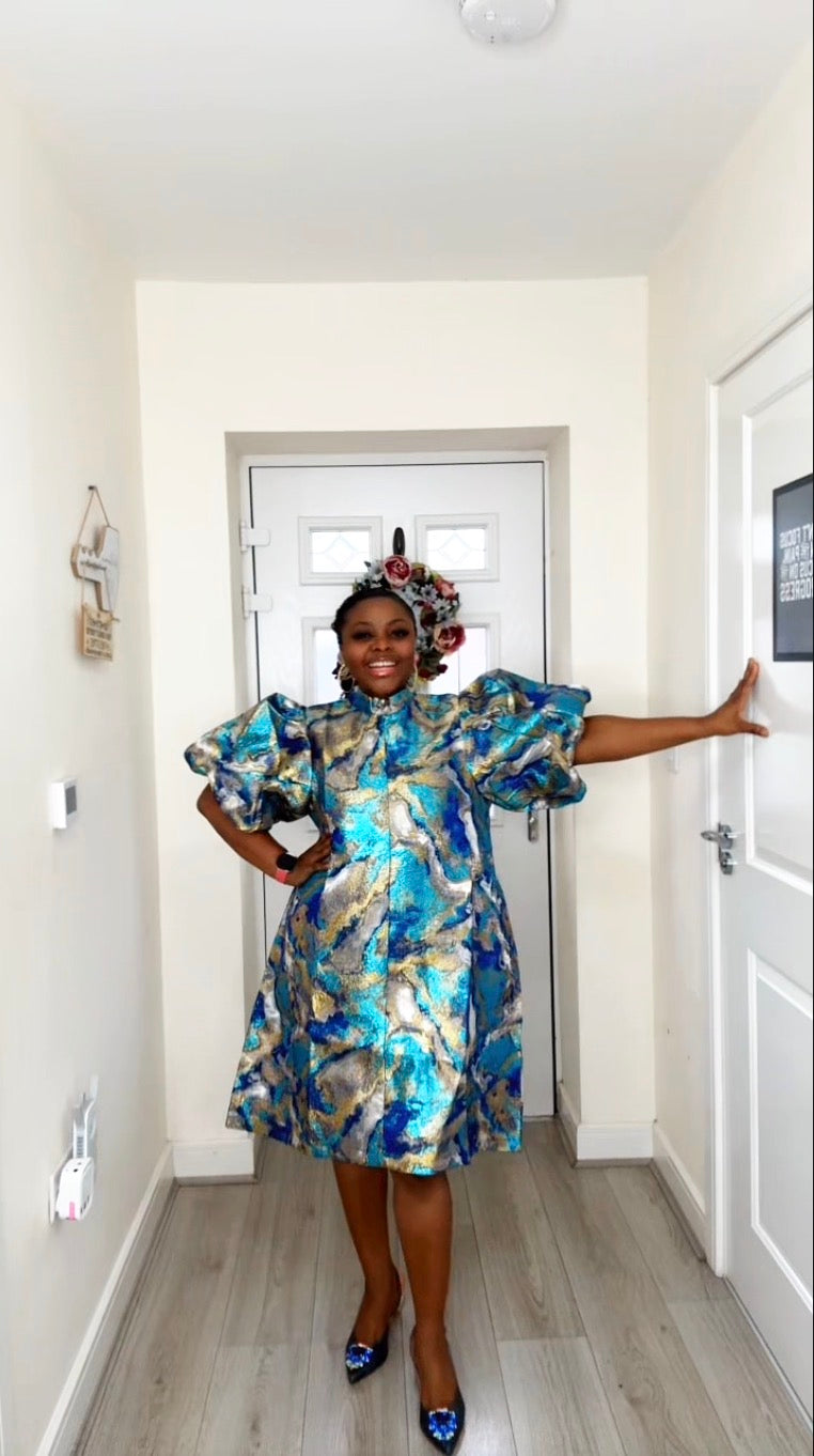 JOY BLUE GOLD BROCADE STATEMENT DRESS
