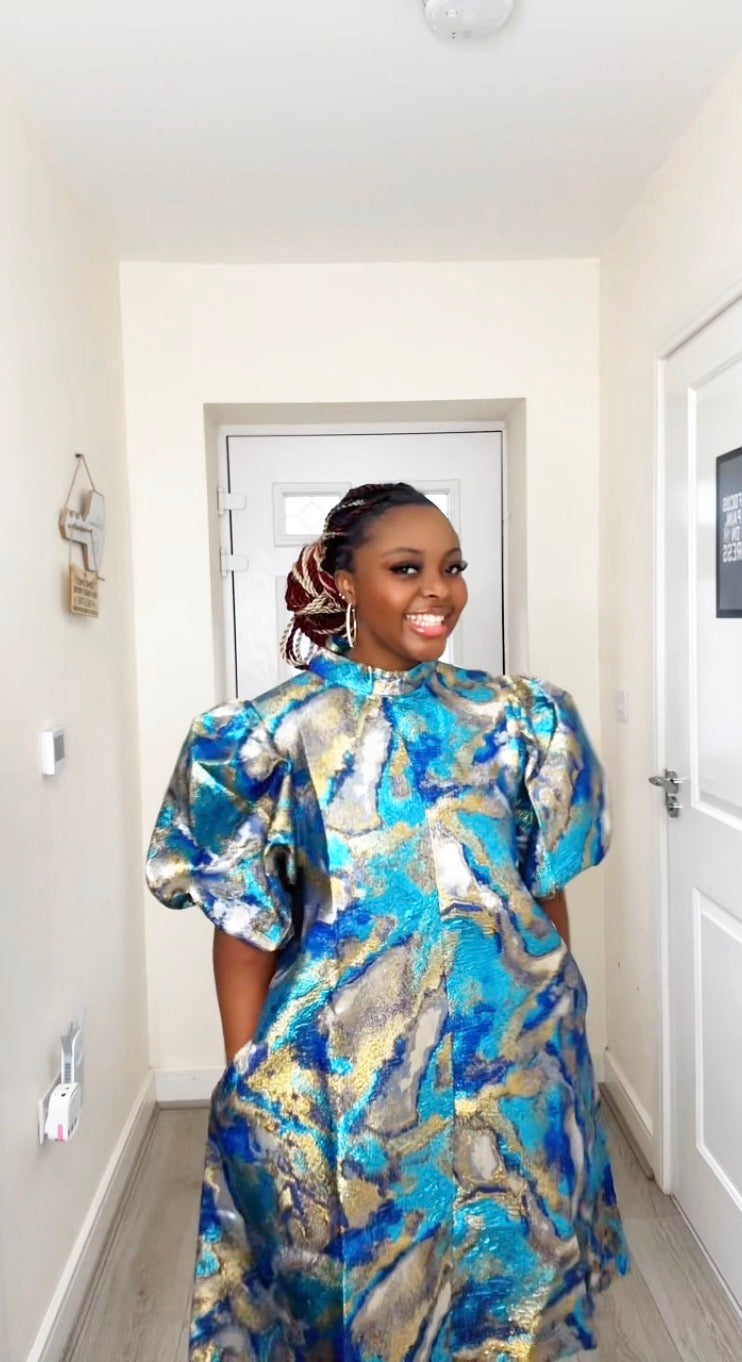 JOY BLUE GOLD BROCADE STATEMENT DRESS