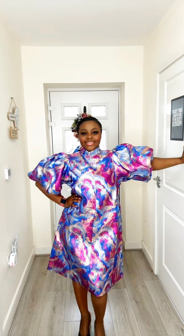 JOY PINK BLUE BROCADE STATEMENT DRESS