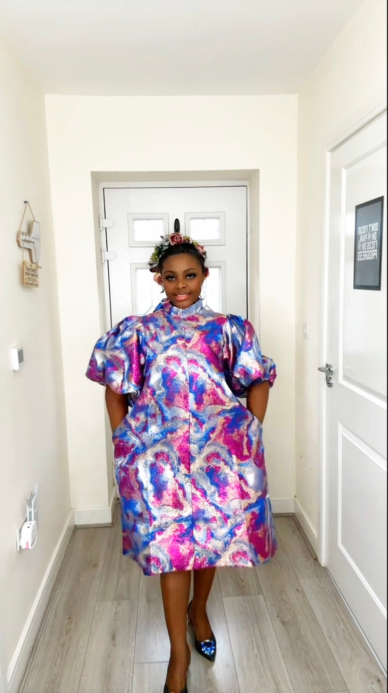 JOY PINK BLUE BROCADE STATEMENT DRESS