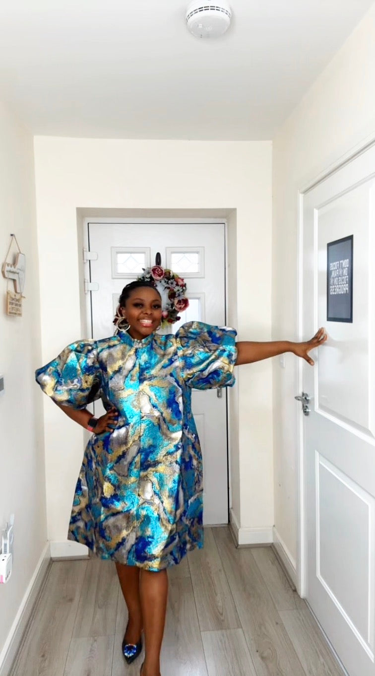 JOY BLUE GOLD BROCADE STATEMENT DRESS