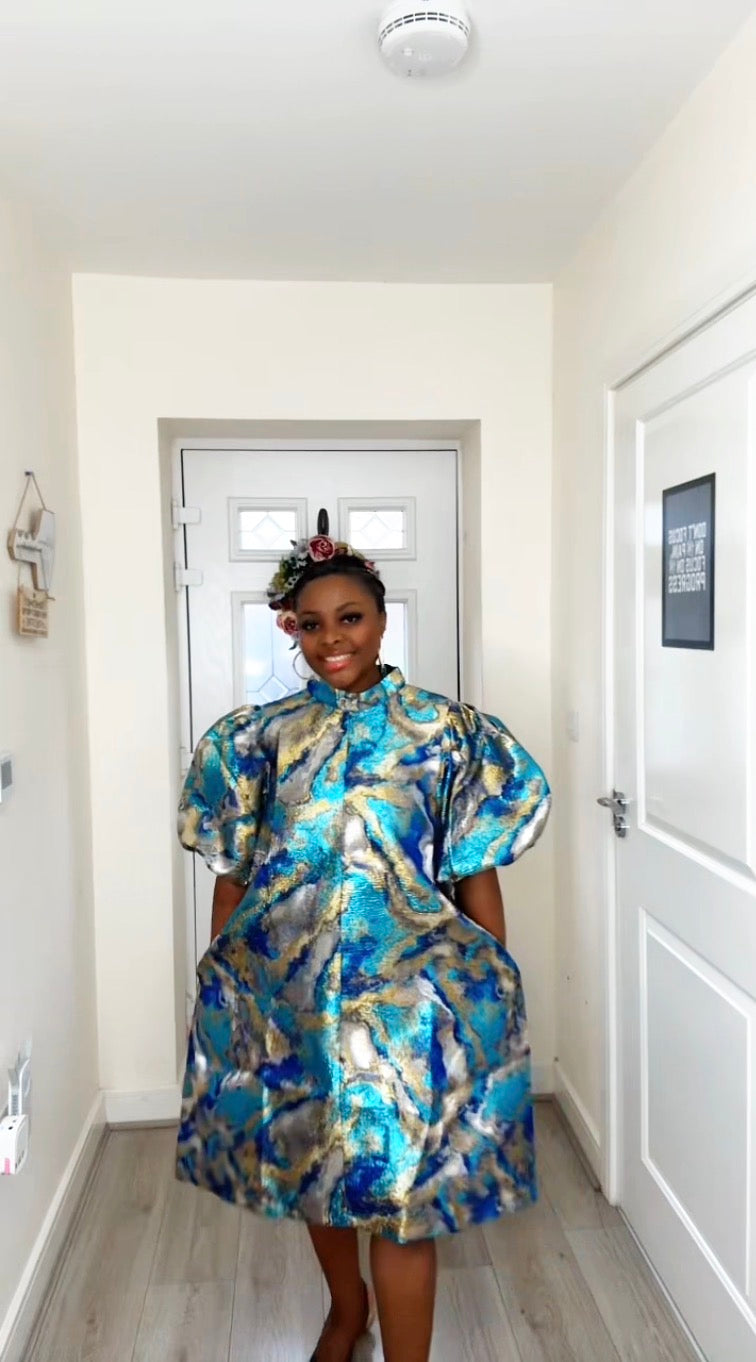 JOY BLUE GOLD BROCADE STATEMENT DRESS