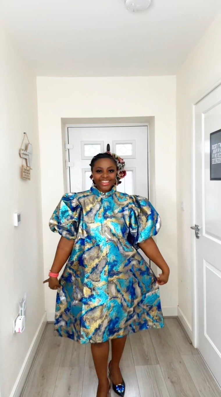 JOY BLUE GOLD BROCADE STATEMENT DRESS