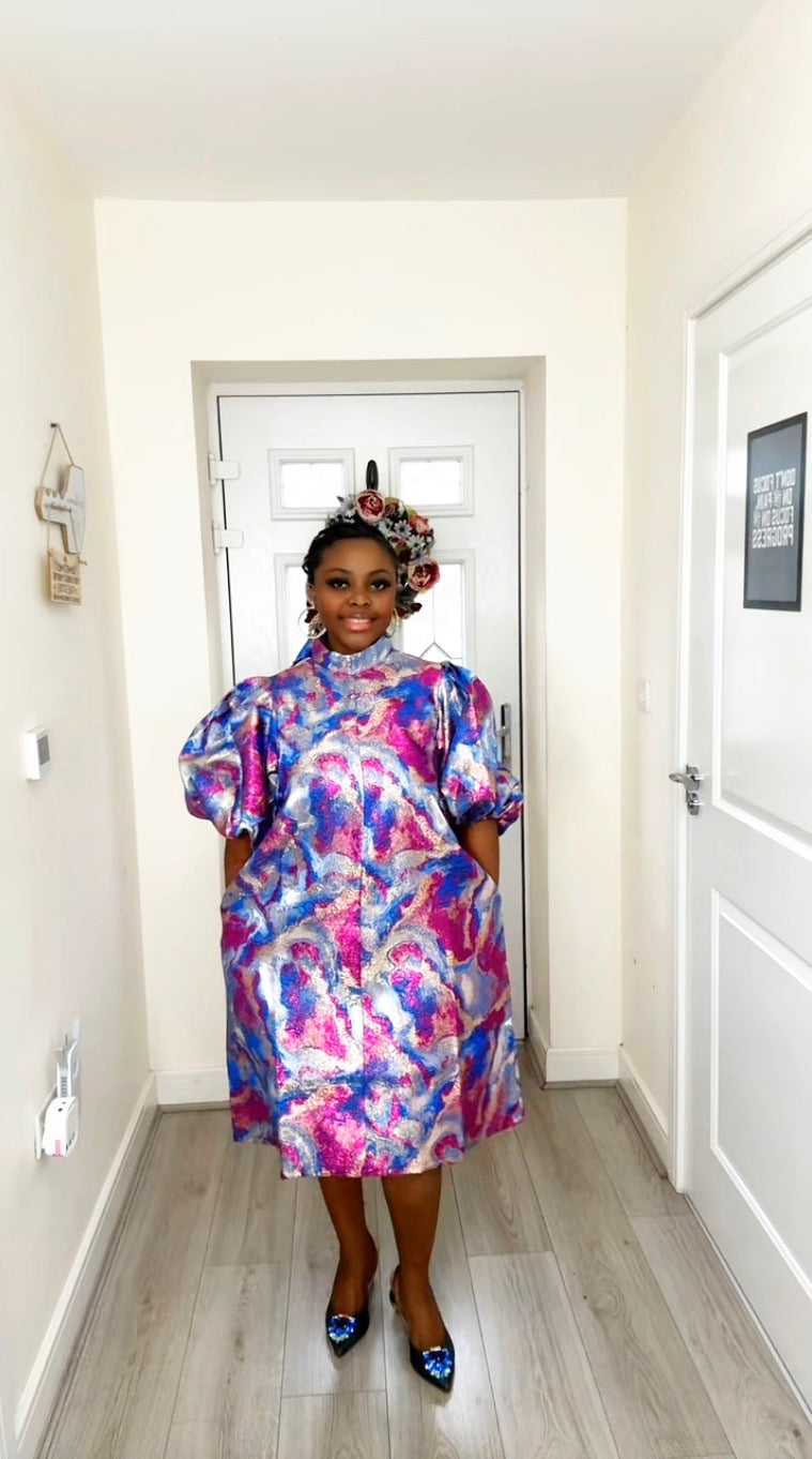 JOY PINK BLUE BROCADE STATEMENT DRESS