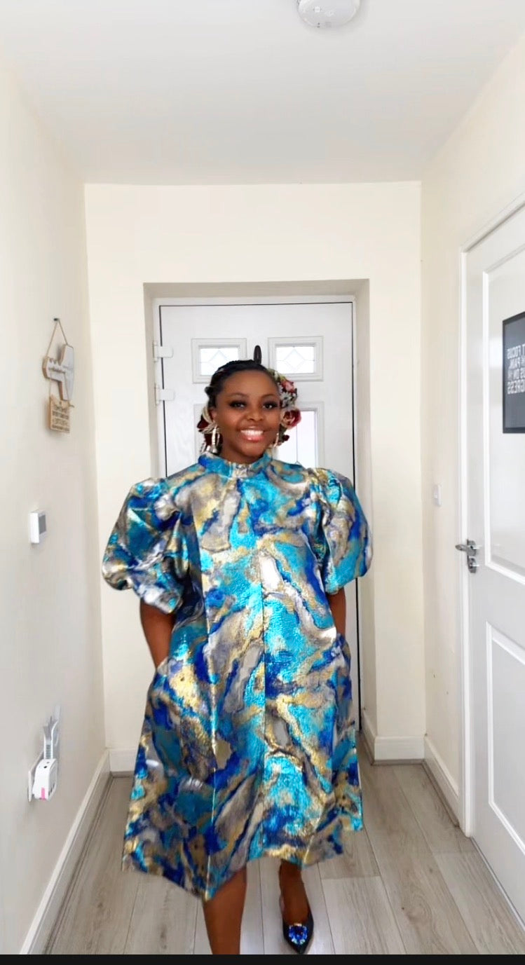 JOY BLUE GOLD BROCADE STATEMENT DRESS