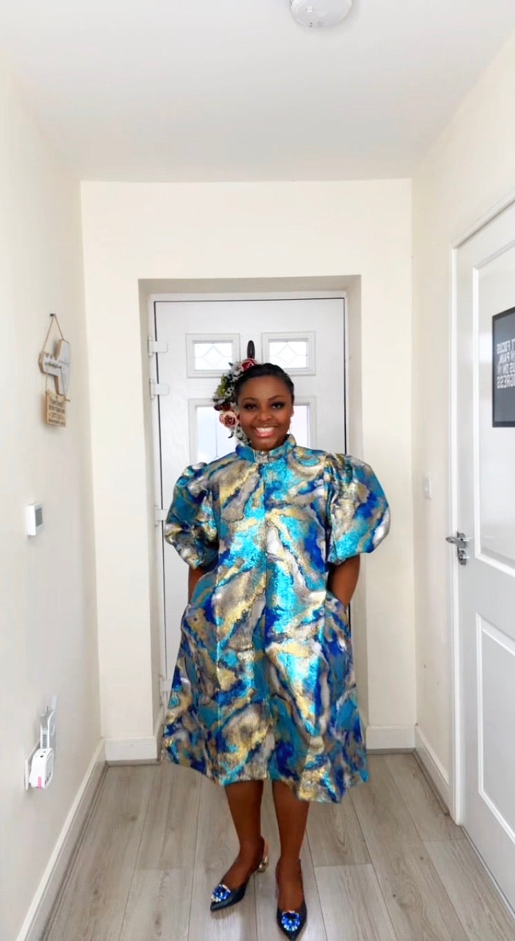 JOY BLUE GOLD BROCADE STATEMENT DRESS