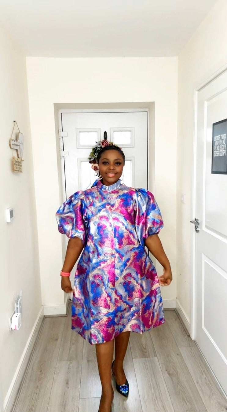 JOY PINK BLUE BROCADE STATEMENT DRESS