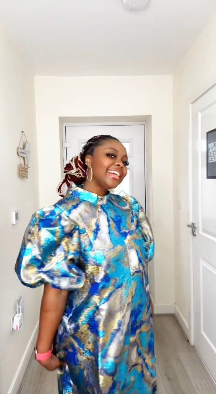 JOY BLUE GOLD BROCADE STATEMENT DRESS