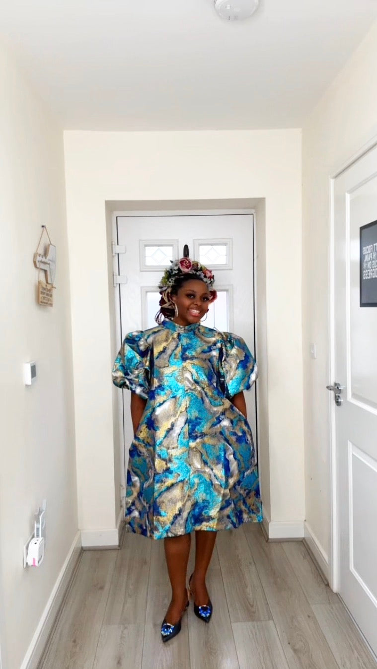 JOY BLUE GOLD BROCADE STATEMENT DRESS