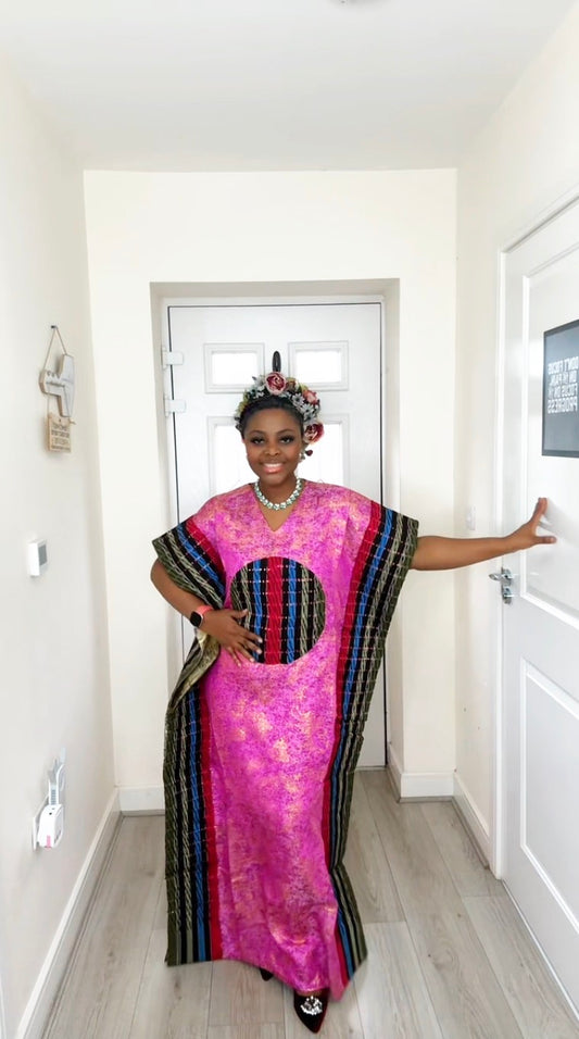 Adeola Pink Brocade–Aso Oke mix boubou
