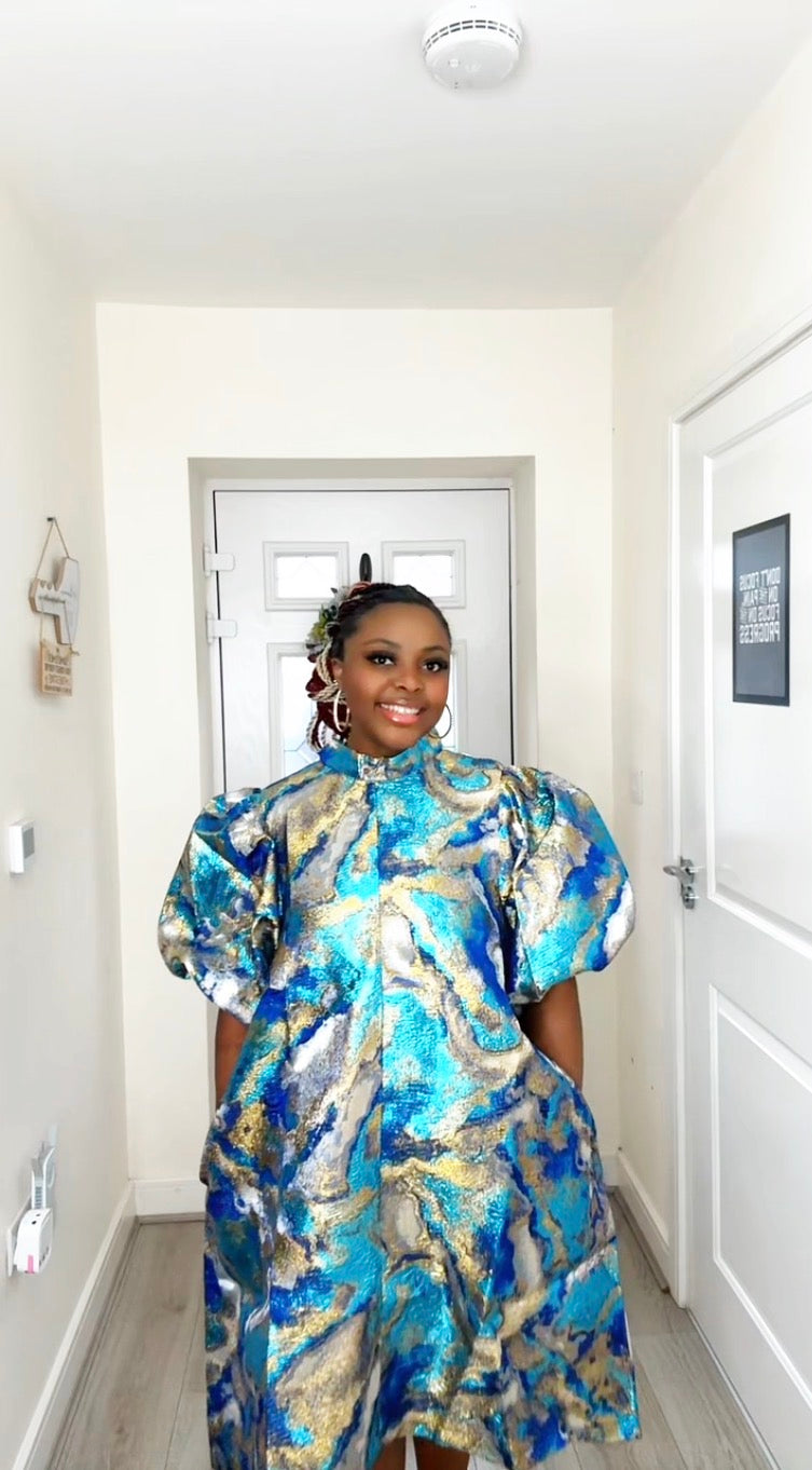 JOY BLUE GOLD BROCADE STATEMENT DRESS