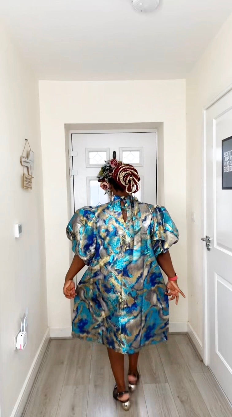 JOY BLUE GOLD BROCADE STATEMENT DRESS