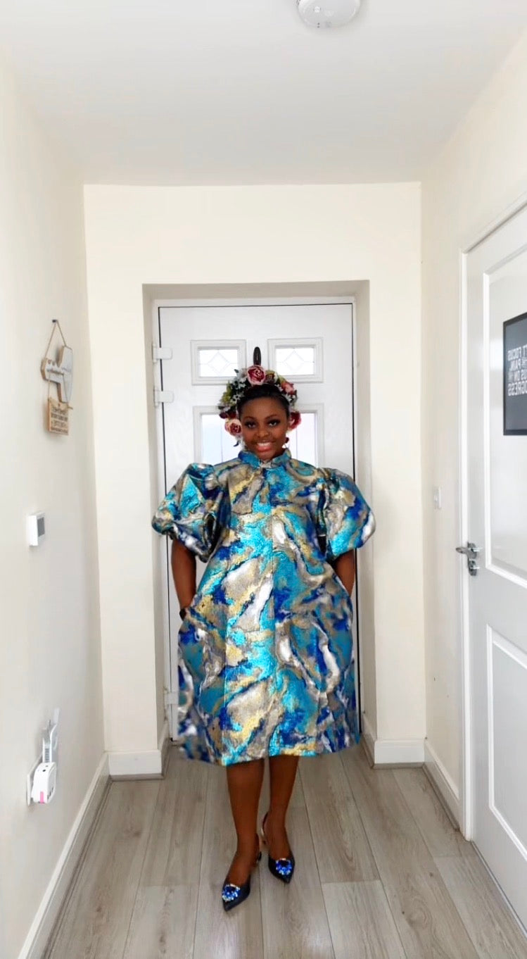 JOY BLUE GOLD BROCADE STATEMENT DRESS