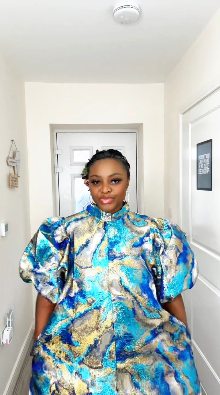 JOY BLUE GOLD BROCADE STATEMENT DRESS