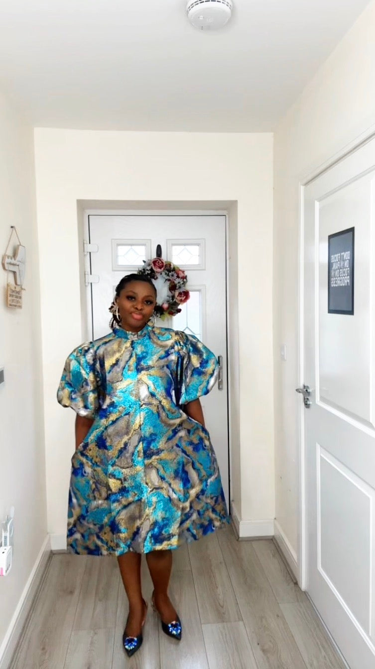 JOY BLUE GOLD BROCADE STATEMENT DRESS