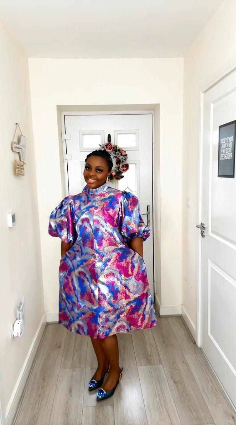 JOY PINK BLUE BROCADE STATEMENT DRESS