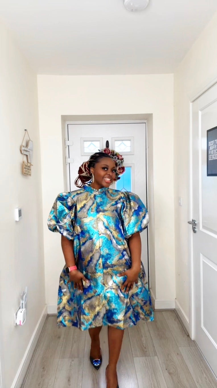 JOY BLUE GOLD BROCADE STATEMENT DRESS