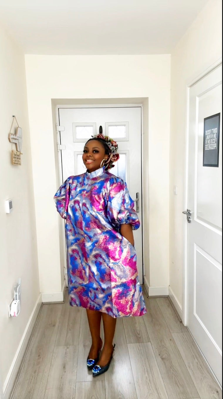 JOY PINK BLUE BROCADE STATEMENT DRESS