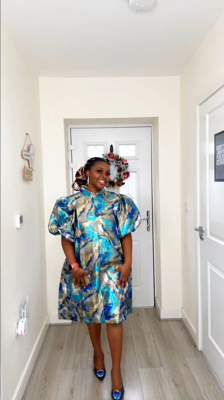 JOY BLUE GOLD BROCADE STATEMENT DRESS