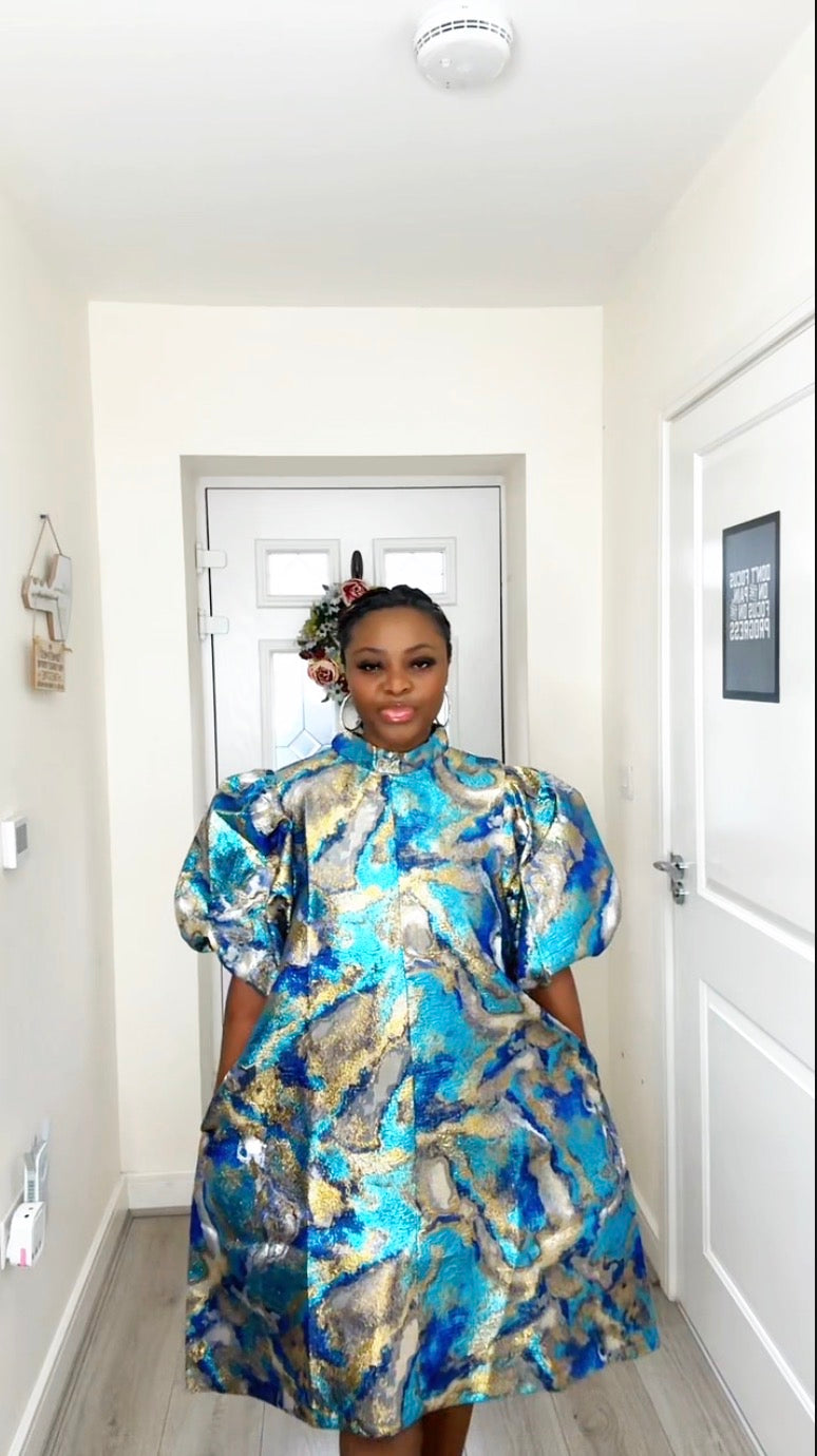 JOY BLUE GOLD BROCADE STATEMENT DRESS