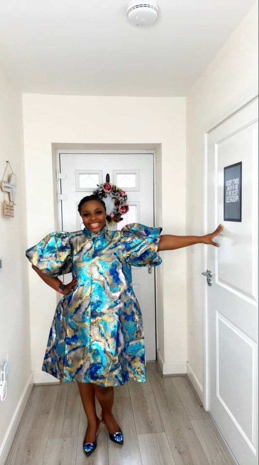 JOY BLUE GOLD BROCADE STATEMENT DRESS