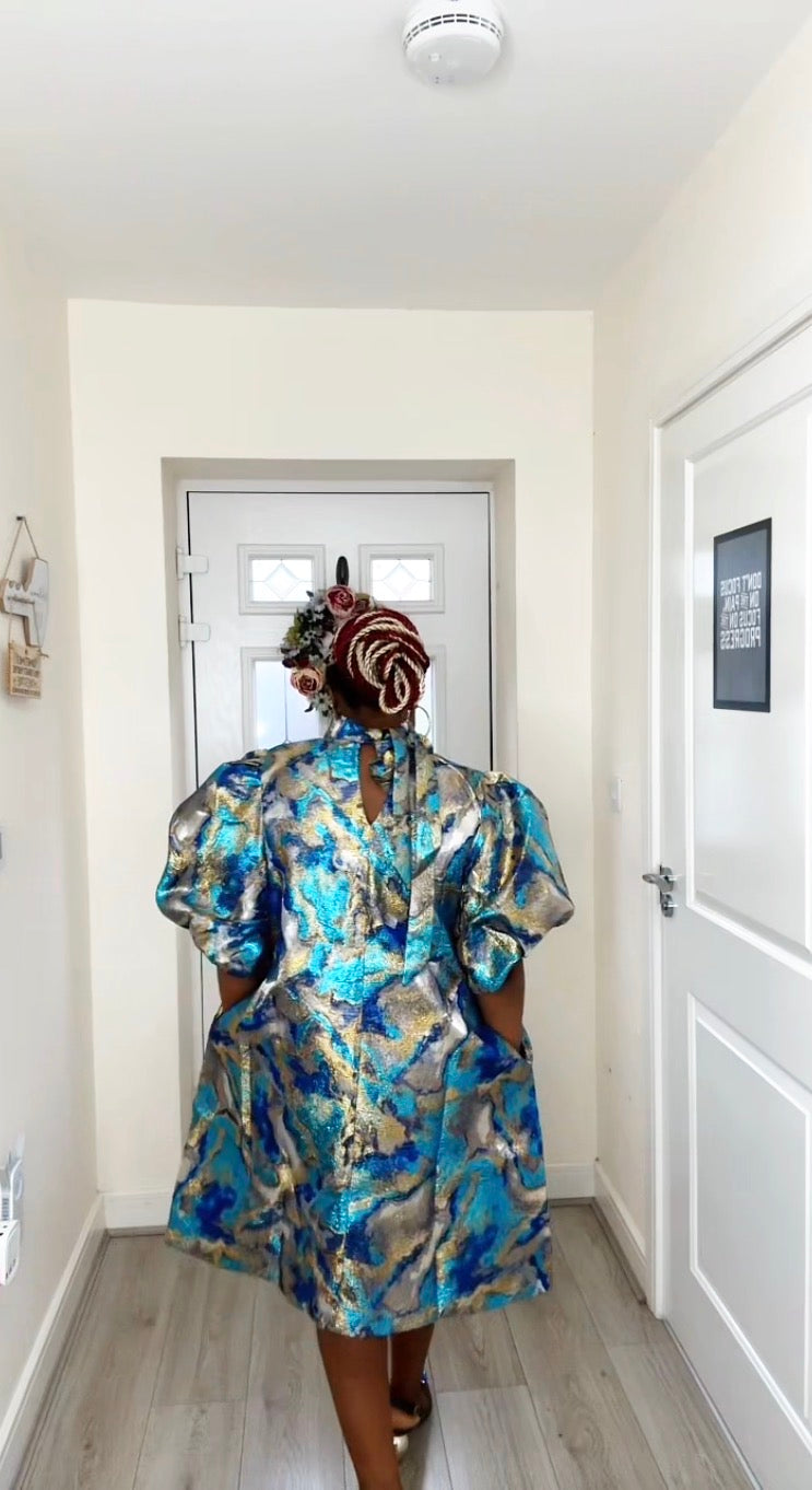 JOY BLUE GOLD BROCADE STATEMENT DRESS