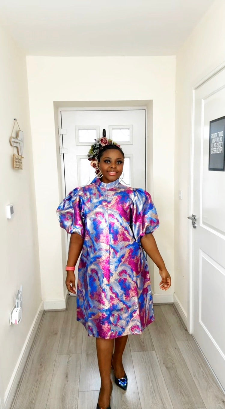 JOY PINK BLUE BROCADE STATEMENT DRESS