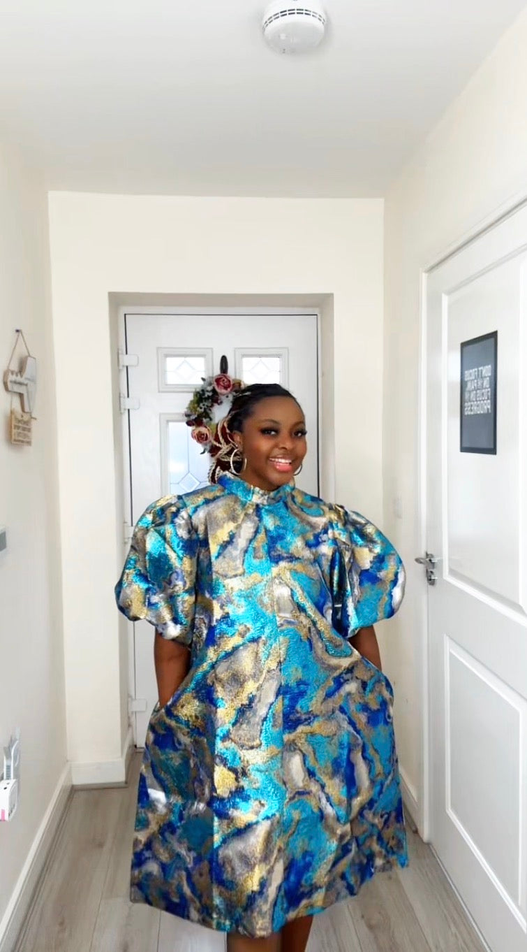 JOY BLUE GOLD BROCADE STATEMENT DRESS