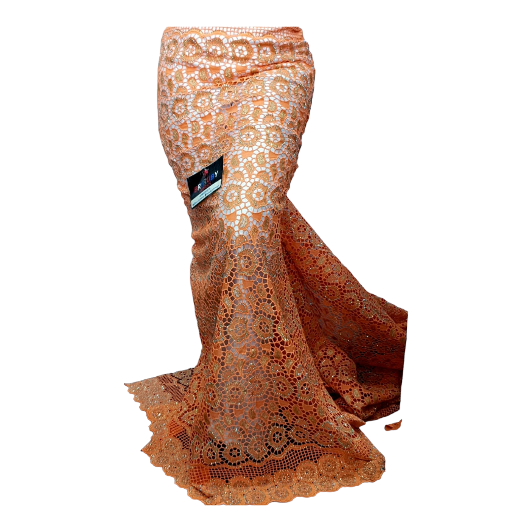 Andrea Swiss Cotton Lace - Peach & Gold  - SCL02H