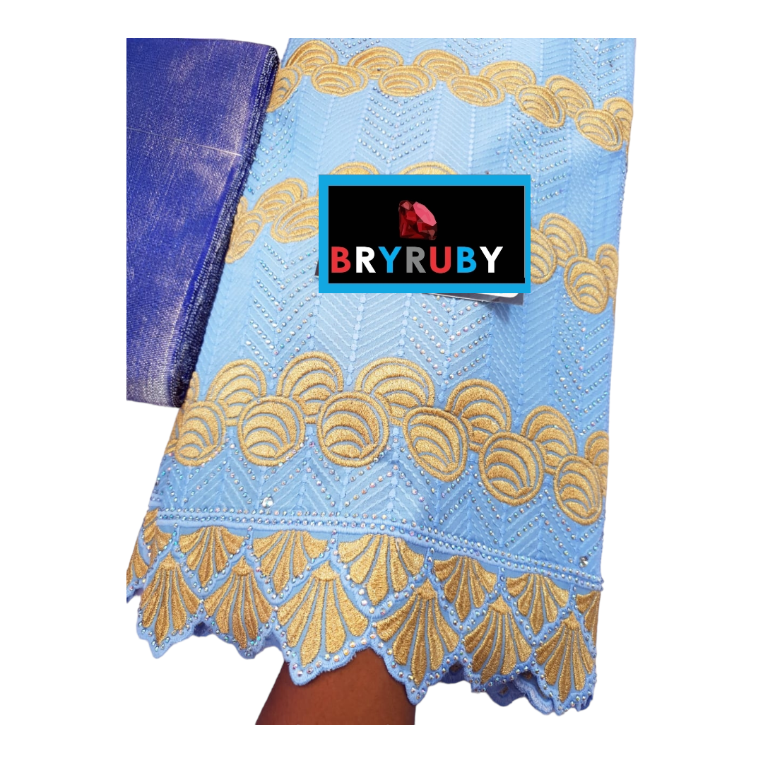 JASMINE SWISS COTTON LACE -STONED  BLUE & GOLD - SCL04D