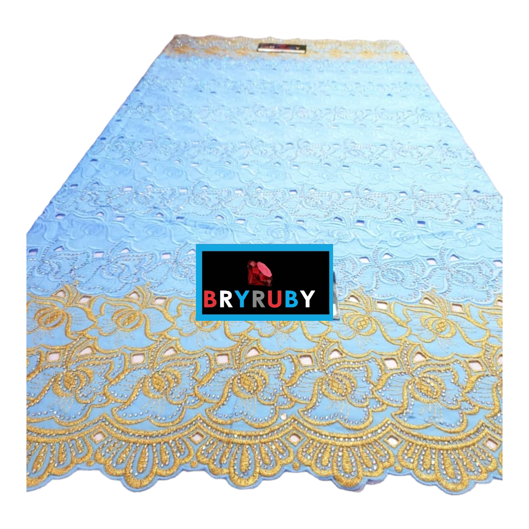 SOFIA SWISS COTTON LACE - Skyblue & Gold - SCL05D