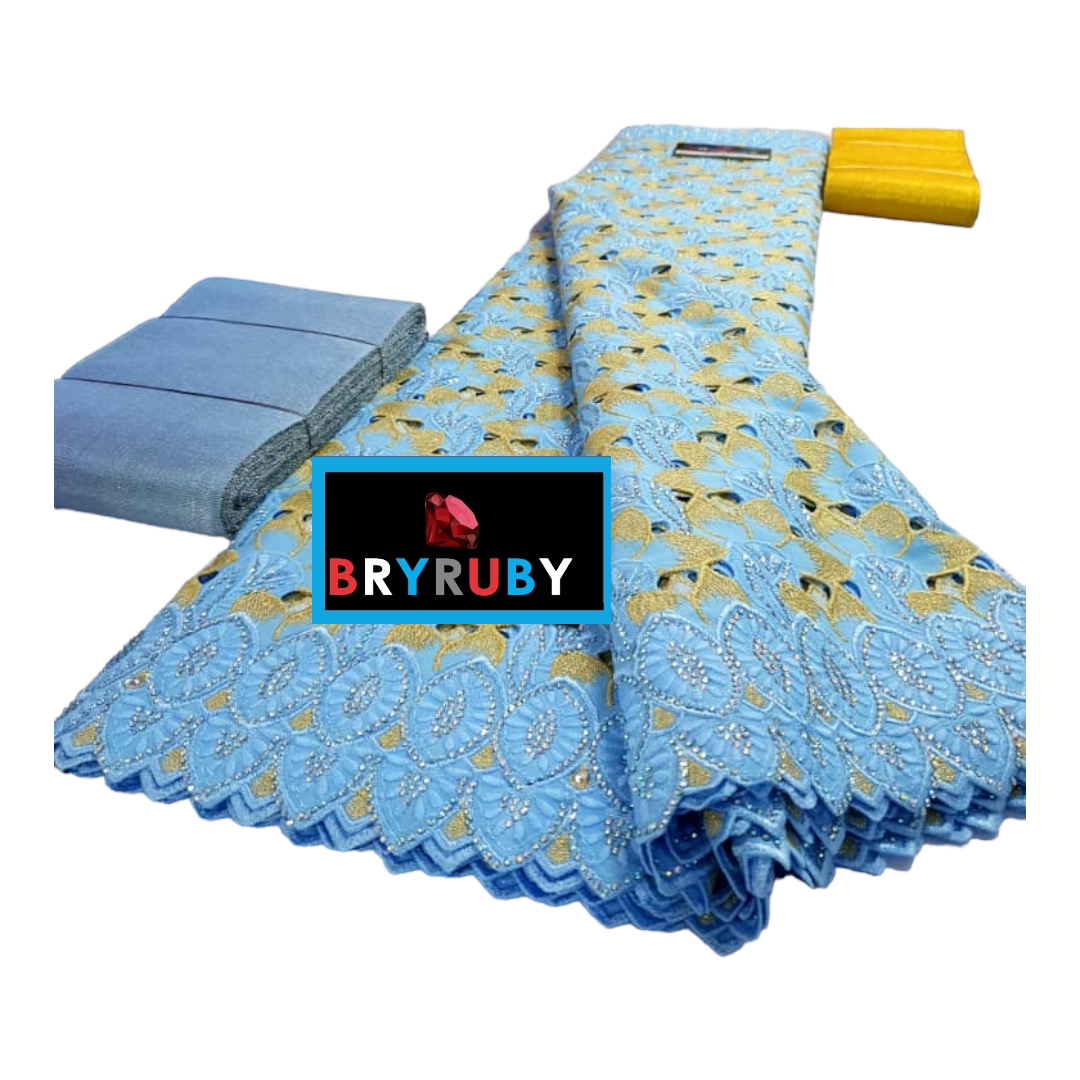 DALLAS SWISS COTTON LACE - SkyBlue & Gold - SCL07D