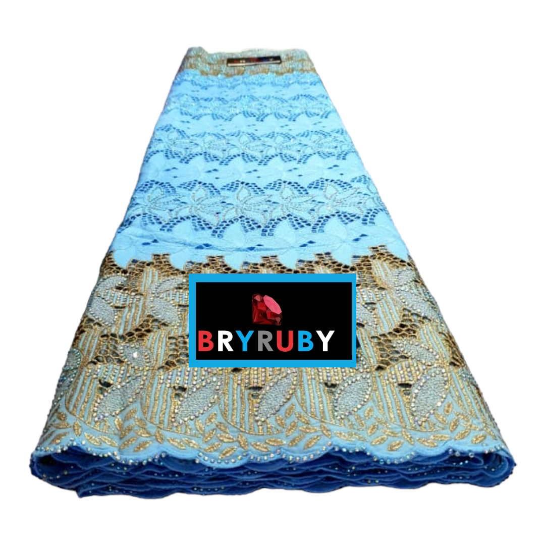 PARIS SWISS COTTON LACE - SkyBlue & Gold - SCL08A