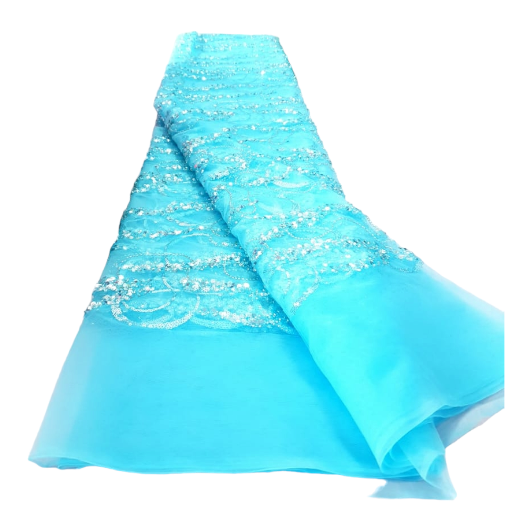 Temmy Turquoise Blue Beaded Tulle Lace BTL04E