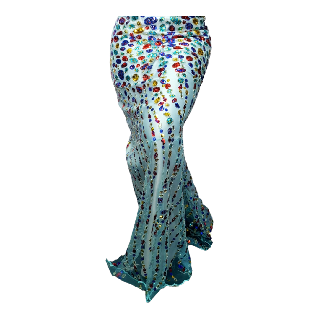 Chioma Turquoise Multi Beaded Tulle Lace BTL05B