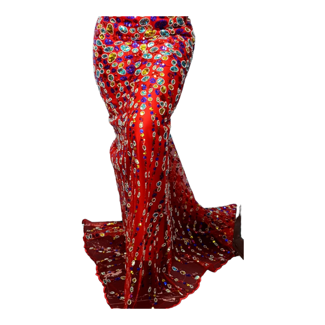 Chioma Red Multi Beaded Tulle Lace BTL05I