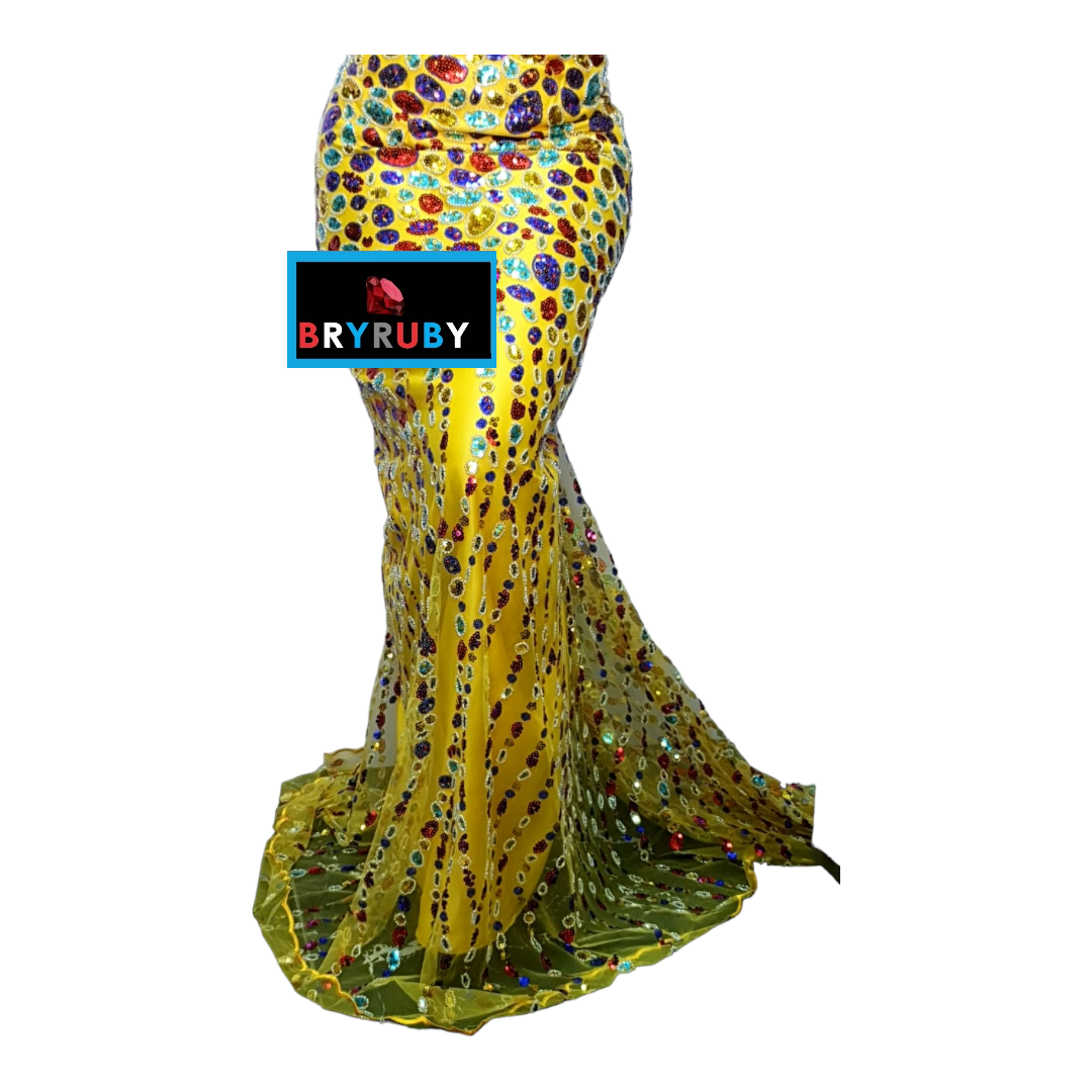 Chioma Yellow Gold Multi Beaded Tulle Lace BTL05E