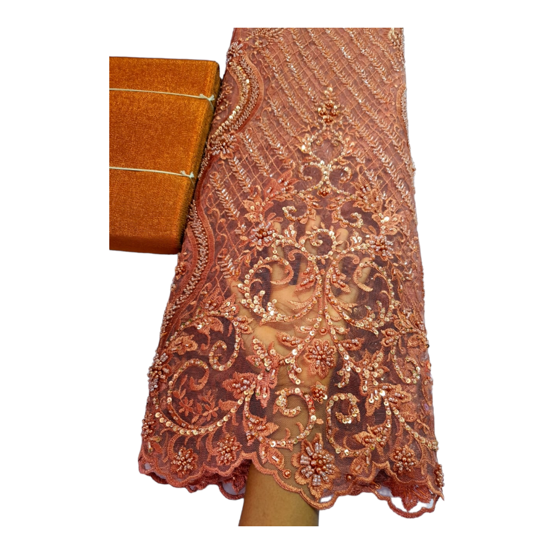 Shikemi Burnt Orange Beaded Tulle Lace BTL17D