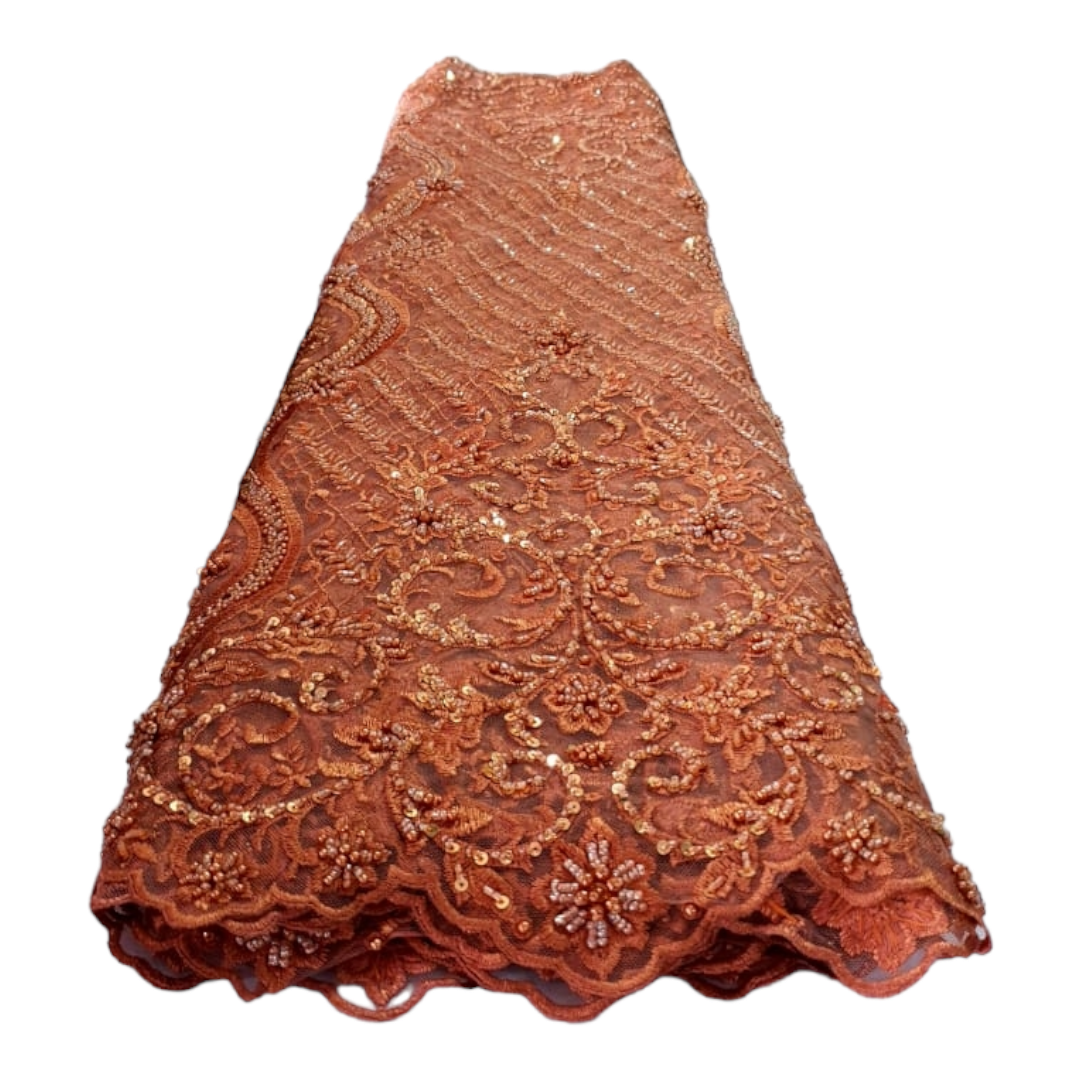 Shikemi Burnt Orange Beaded Tulle Lace BTL17D