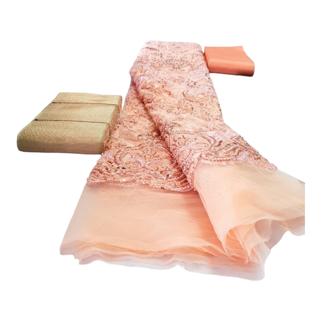 Charlotte Peach Beaded Tulle Lace BTL15E